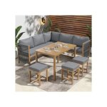 Salon de jardin avec coussins, 3 tabourets et 1 table, acacia, gris + naturel