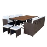 Salon de jardin encastrable 12 places en r�sine tress�e marron et coussins beige + housse toledo