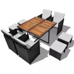 Salon de jardin encastrable 9 pcs rotin et bois d'acacia noir