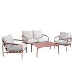 Salon de jardin ensemble canap� 2 places + 2 fauteuils + table en aluminium couleur terracotta avec coussins ...