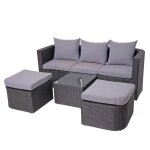 Salon de jardin avec fauteuils poufs table et coussins gris clair et polyrotin anthracite 04 0000525
