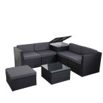 Salon de jardin fauteuil table coffre pouf en poly - rotin pour balcon jardin anthracite coussin gris ...