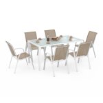Salon de jardin madrid table 150 cm et 6 chaises empilables blanc et beige