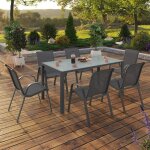 Salon de jardin madrid table 150 cm et 6 chaises empilables gris anthracite plateau clair