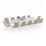 Salon de jardin madrid table extensible 135 - 270 cm et 12 chaises empilables blanc et beige