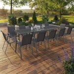 Salon de jardin madrid table extensible plateau gris 135 - 270 cm et 12 chaises empilables gris anthracite ...
