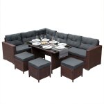 Salon de jardin marron en rotin pour 9 personnes ensemble table & si�ges avec coussins ultra epais & ...