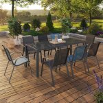 Salon de jardin mix color bleu, gris et noir table 190 cm et 8 chaises empilables