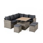 Salon de jardin modulable 9 places en r�sine tress�e avec table relevable effet bois sahara