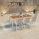 Salon de jardin noumea table 190 cm plateau verre tremp� effet bois et 8 chaises empilables blanc et ...