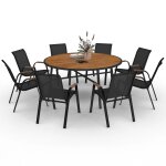 Salon de jardin noumea table ronde 150 cm plateau verre tremp� effet bois et 8 chaises empilables noir ...
