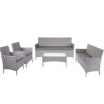 Salon de jardin en r�sine tress�e 6 places avec canap� fauteuils table et coussins poly rotin gris coussins ...