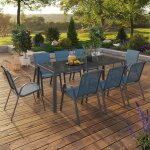 Salon de jardin table 190 cm et 8 chaises empilables bleu canard