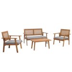 Salon de jardin avec table banc et 2 chaises bois et polyrotin coussins gris 04 0008325