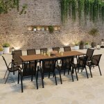 Salon de jardin table extensible avec plateau effet bois et chaises empilables