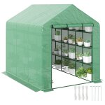 Serre de jardin 6 etag�res dim. 244l x 180l x 210h cm porte enroulable acier noir b�che pe vert