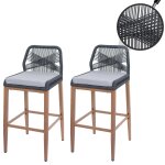 Set de 2 tabourets de bar rope hwc - o21, coussins d'assise outdoor corde tress�e m�tal aspect bois anthracite ...