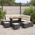 Set de 9 canap�s de jardin avec coussins noir poly rattan acacia, ensemble de 4 de salle a manger de ...