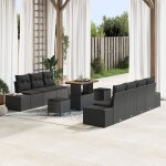 Set de canap� de jardin 10 pi�ces avec coussins noir poly rattan acacia, sofa jardin 2 places avec rangement ...