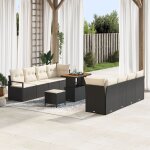 Set de canap� de jardin 11 pi�ces avec coussins noir poly rotin acacia, canap� de jardin 2 places avec ...