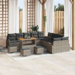 Set de canap� de jardin 14 pi�ces avec coussins gris poly rotin acacia, canap� de jardin 2 places avec ...