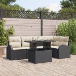Set de canap� de jardin 6 pi�ces avec coussins en rotin poly noir, canap� de jardin 2 places avec rangement ...