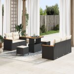 Set de canap� de jardin 8 pi�ces avec coussins noir poly rotin acacia, set de salle � manger de jardin ...