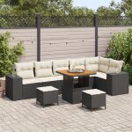 Set de canap�s de jardin 9 pi�ces avec coussins en rattan poly noir acacia, set de repas de jardin 3 ...