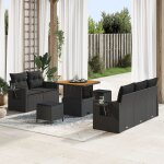 Set de salon de jardin en 8 pices avec coussins noir poly rotin acacia, ensemble de dner de jardin ...