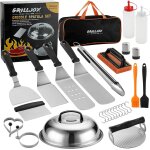 Set spatule plancha, 28 professionnel ustensiles plancha inox avec smash burger press, pince a barbecue, ...