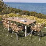Set de table rectangulaire 180x90 cm en bois d'acacia et acier maupi et 6 chaises de jardin en rotin ...