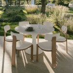 Set de table ronde Ø120 cm en ciment eloria et 6 chaises de jardin en bois d'acacia et tissu boucl� ...