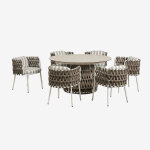 Set de table ronde Ø140 cm en c�ramique et 6 chaises de jardin avec accoudoirs en aluminium et corde ...