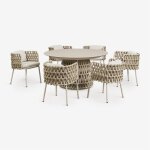 Set de table ronde Ø140 cm en c�ramique et 6 chaises de jardin avec accoudoirs en aluminium et corde ...
