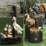 Statue de jardin en forme d'cureuil et de canard, avec lampes solaires, fontaine de cascade, figurine ...