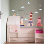 Sticker mural mouette nuages aquarelle phare 60 * 90cm chambre d'enfant jardin d'enfants salle de classe ...