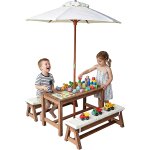 Subzonal - ensemble de jardin pour enfants avec table, bancs, parasol et coussins, bois marron, 50 x ...