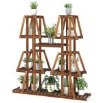 Support pour plantes en bois de pin 113 x 27 x 114 cm 10 etag�res hautes et basses design trap�zo�dal ...