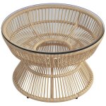Table basse de jardin ronde r�sine aspect rotin plateau verre beige