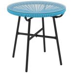 Table basse ronde de jardin en r�sine aspect rotin m�tal et plateau verre tremp� Ø 50 x 50h cm bleu