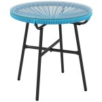 Table basse ronde de jardin en rsine aspect rotin mtal et plateau verre tremp Ø 50 x 50h cm bleu