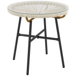 Table basse ronde de jardin en r�sine aspect rotin m�tal et plateau verre tremp� Ø 50 x 50h cm cr�me ...