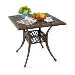 Table de jardin carr�e 80 x 80 x 75 cm trou pour parasol motifs antiques ambiance cosy en aluminium bronze ...