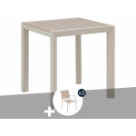 Table de jardin carr�e alu evasion 2 places effet bois lin et argile + 2 fauteuils piazza - hesp�ride ...