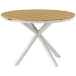 Table de jardin ronde 4 personnes dia. 118 cm pi�tement alu plateau lattes effet bois teck blanc