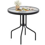 Table de jardin ronde 70 cm costway, plateau en verre tremp� ondul�, trou de parasol, cadre en m�tal, ...