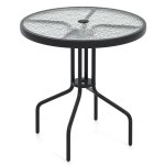 Table de jardin ronde 70 cm avec trou pour parasol design moderne en m�tal noir verre tremp� helloshop26 ...