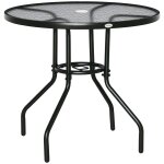 Table de jardin ronde dia. 80 x 72h cm - espace central parasol - m�tal noir plateau verre tremp� textur� ...