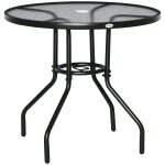Table de jardin ronde dia. 80 x 72h cm - espace central parasol - m�tal noir plateau verre tremp� textur� ...