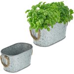 Teppe - jardinière en zinc, lot de 2, design martelé, décoration, anses jute, deux tailles différentes, ... Teppe - jardinière en zinc, lot de 2, design martelé, décoration, anses jute, deux tailles différentes, ...